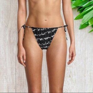 WEWOREWHAT Ruched String Logo Bikini Bottom in Black White XL